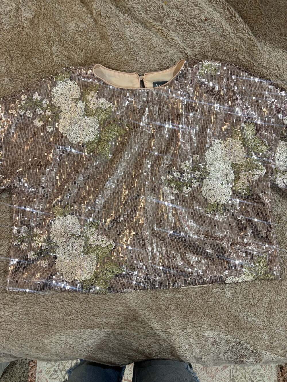 Arula Rose Gold Sequin shirt with Embroidered Flowers